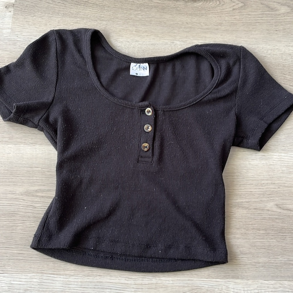 Quinn Black Ribbed Button-Front Top
